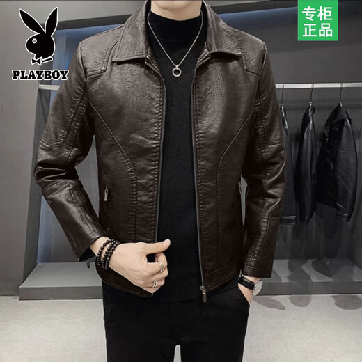 Playboy Leather Jacket Men's Autumn and Winter New Lapel Leather Jacket Trendy Slim Motorcycle Casual Korean Style Velvet PU Leather Jacket for Men 8898 Black Velvet L Recommended 110-125 Jin Jin equals 0.5 kg