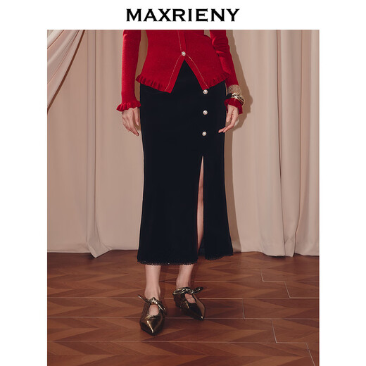 MAXRIENY French retro high-waist slit skirt 25 autumn jacquard fishtail skirt banquet dress black M