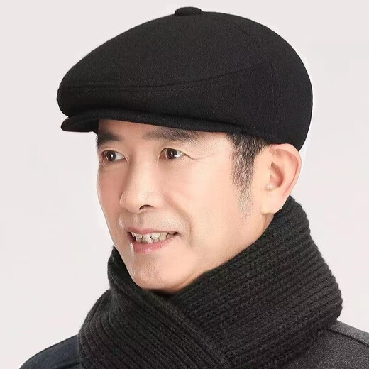 Zhen Niao middle-aged and elderly hats, men's peaked caps, winter elderly hats, elderly hats, thickened and warm ear-protecting dad hats for men, forward hats - woolen black