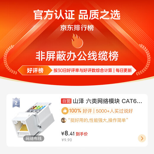 山泽 六类网络模块 CAT6千兆免打水晶头母座电脑网线面板模块 RJ45网络插座连接器直通头 MKC61