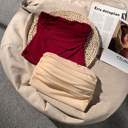 Woodpecker red tube top one-shoulder pleated camisole women's outer wear autumn sexy slim-fitting chest inner wear beige S