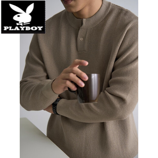 Playboy (PLAYBOY) autumn and winter thick waffle henley sweater men's long-sleeved casual loose black sweater wool sweater versatile gray 2XL