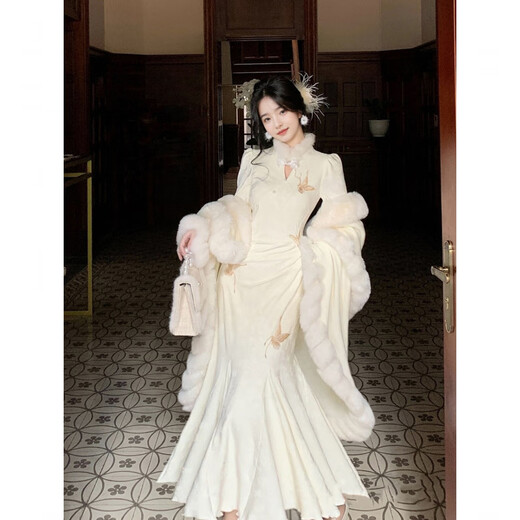 Jane Deiune White Feather Exquisite 2025 Autumn and Winter New Style New Chinese Dress Temperament National Style Fishtail Cheongsam Single-piece Cheongsam Dress M