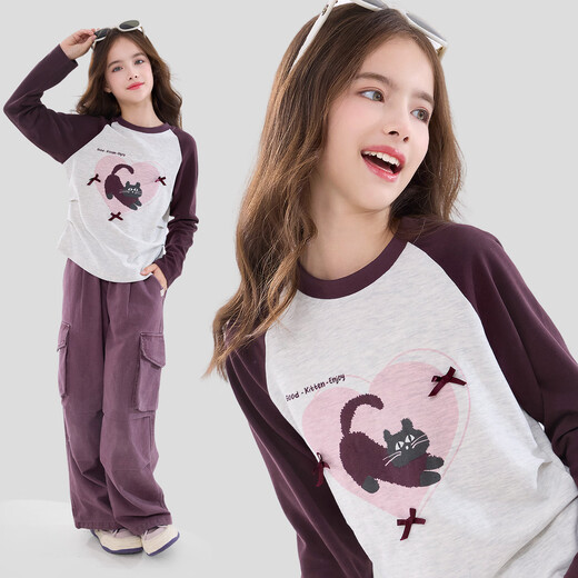 Domiaowu girls' T-shirt spring and autumn new children's bottoming shirt long-sleeved big children's tops teenagers children's clothing W034 Dai purple gray 160