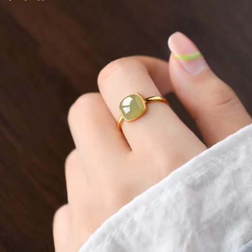 Lao Fengxiang small sugar cube ancient gold deep Hetian jade couple ring women's ring birthday gift girls silver jewelry small sugar cube ring ancient gold deep Hetian jade + certificate + brand gift box