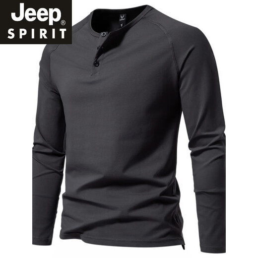 JEEP SPIRIT autumn men's pure cotton Henry collar long-sleeved T-shirt youth European and American simple elastic slim solid color versatile bottoming shirt dark gray XL