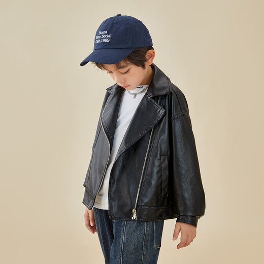 Duojia Boys Motorcycle Jacket PU Leather Jacket 2025 Spring and Autumn Style Fashionable Handsome Trendy Men's Leather Clothes Children's Lapel Zipper Shirt
