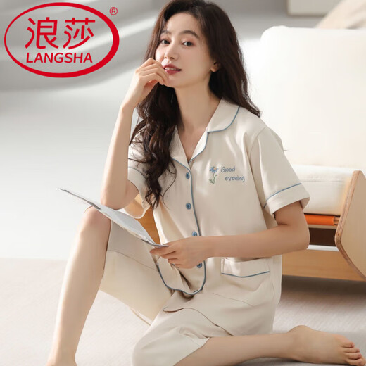 Langsha pure cotton pajamas for women summer 2025 new high-end short-sleeved cropped pants large size cardigan for women to wear at home n9896 short-sleeved/cropped pants cardigan 3XL (160-180Jin Jin equals 0.5 kg)