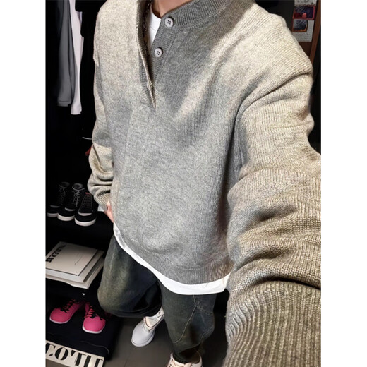 Main style (ZHUYIFAN) gray American Henley collar knitted sweater for men with long sleeves, lazy style, cleanfit inner base sweater jacket, dark gray 5XL (recommended 195-210Jin Jin is equal to 0.5kg)