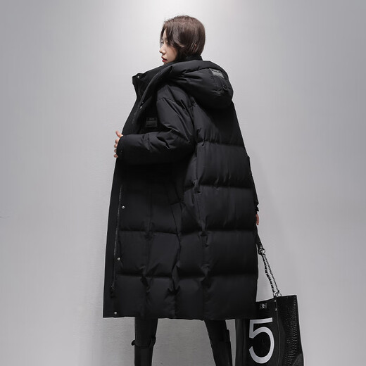Flying in the Snow Down Jacket Women's Long 25 Winter Over-the-Knee Loose Large Size Thickened 90 Duck Down Warm Hooded Jacket Black M