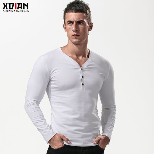 Fanshu Henry shirt long-sleeved T-shirt for men, low-neck American retro bottoming shirt, tight-fitting top, large V-neck spring and autumn style, white M 90-118Jin Jin equals 0.5 kg