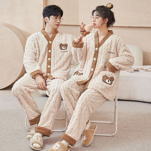 Woodpecker winter coral velvet pajamas for couples, plus velvet and thickened home clothes for men and women, flannel warm and wearable suit QGL806 L, women get men's L, two sets of price