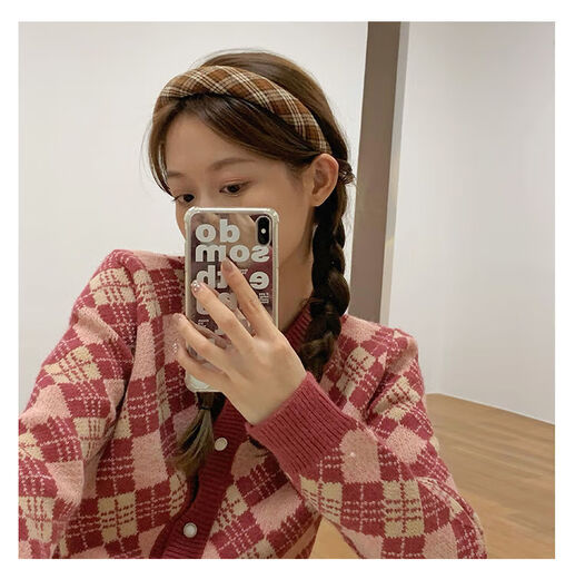 Retro sweet versatile plaid hair hoop college style hair clip to increase the height of the skull sponge head children's hoop wide hair accessory coffee color plaid