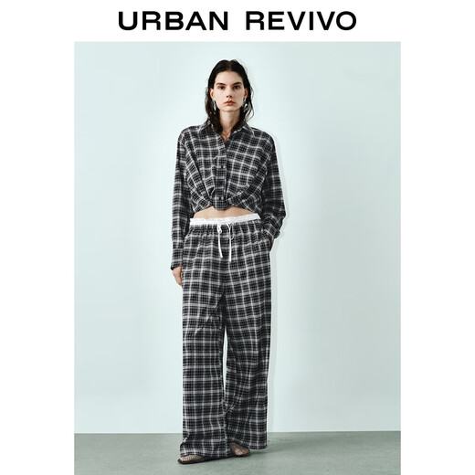 UR2026 Spring new women's clothing contrasting plaid hot diamond decoration long-sleeved blouse shirt UWJ250043 black plaid (loose) S