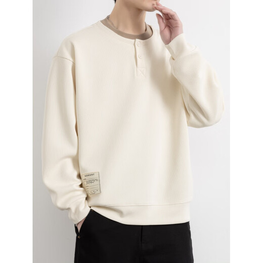 Akbevrc International Brand Fake Two-piece Sweatshirt Men's 2025 Spring and Autumn New Heavy Henley Collar Bottoming Shirt Long Sleeve Khaki L _(Approximately 115-130Jin Jin equals 0.5kg can be worn)