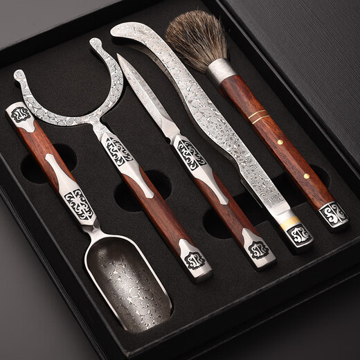 Jinge Damascus Pu'er Tea Knife Tea Ceremony Six Gentlemen Set Tea Spoon Spatula Tea Clip Kung Fu Tea Set Accessories Red Rosewood Fengxiang Damascus 5-piece Set