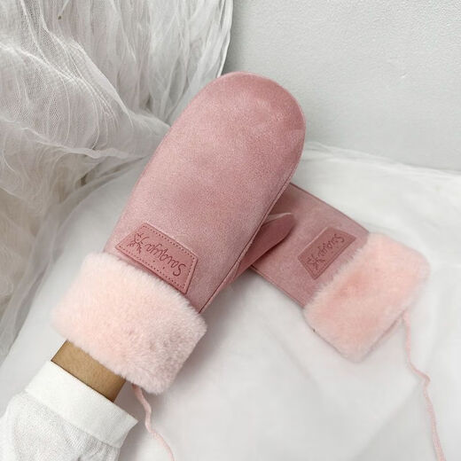 Baichao warm all-inclusive gloves, suede for women, winter plus velvet, windproof and warm, cute student halter neck cycling, random hair for children, one size fits all, thickened version with rope