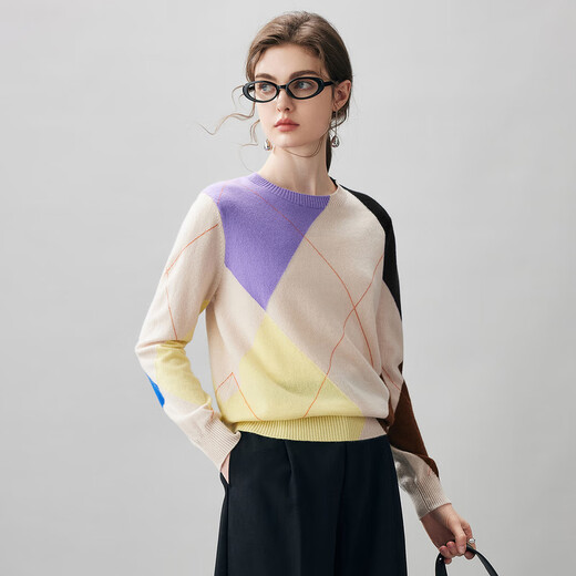 Komenboka 2025 autumn and winter new 100% cashmere sweater women's diamond-shaped contrasting color sweater round neck bottoming sweater Haibeimi L