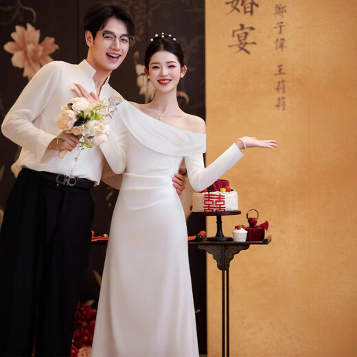 Jane Deiune long sleeve other shoulder slant shoulder white engagement dress daily wearable dress travel photography light wedding dress certificate small white dress white L