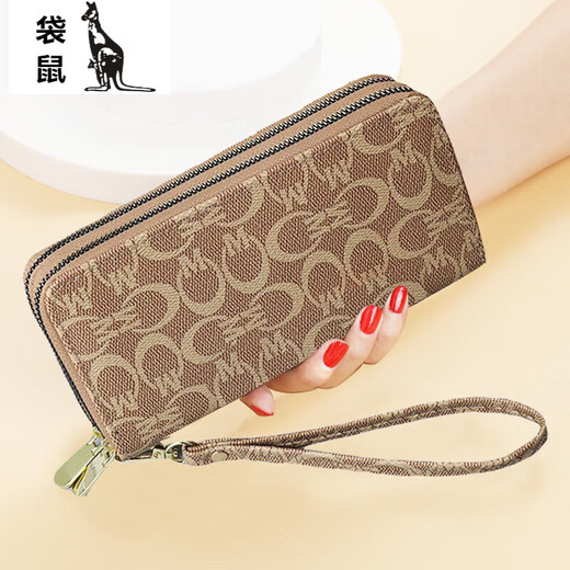 Kangaroo (KANGAROO) women's long wallet 2024 new European and American large capacity double zipper mobile phone bag mother clutch bag CM light coffee