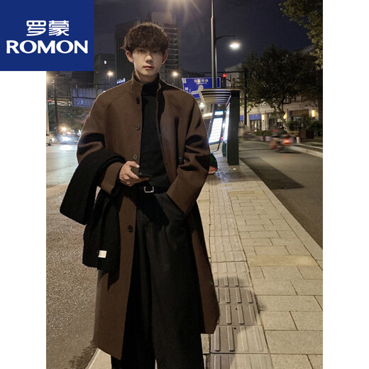 ROMON Korean style men's handsome loose lazy style stand collar British style winter windbreaker trendy knee-length woolen coat brown 3XL 170-185Jin Jin is equal to 0.5 kg