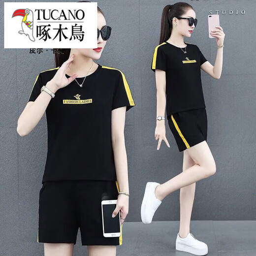 Woodpecker (TUCANO) Spring and Summer Casual Sports Suit for Women 2025 New Loose Fashionable Large Size Western Style Autumn Two-piece Set Trendy 686 Black Short Sleeve Shorts L (Recommended 95-110 Jin Jin is equal to 0.5 kg)