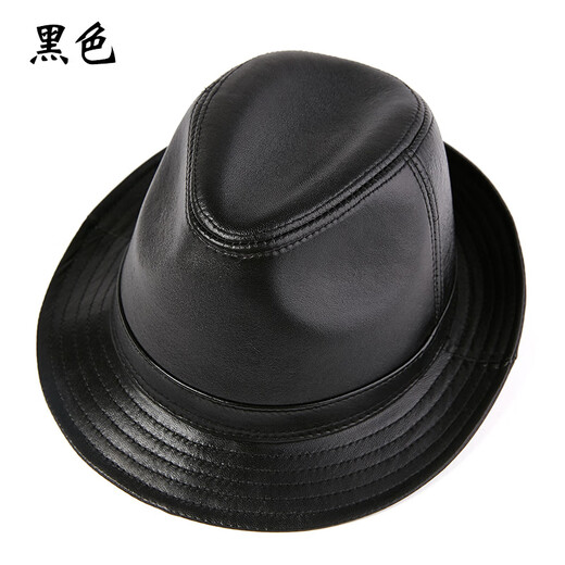 What a cool leather hat for men, spring and autumn casual leather hats, middle-aged and elderly British sheepskin Panama hats, trendy felt hats, black L (55-56cm)