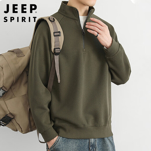 JEEP SPIRIT Jeep half-zip sweatshirt men's autumn and winter Korean style stand-up collar sweater men's trendy top olive green XL