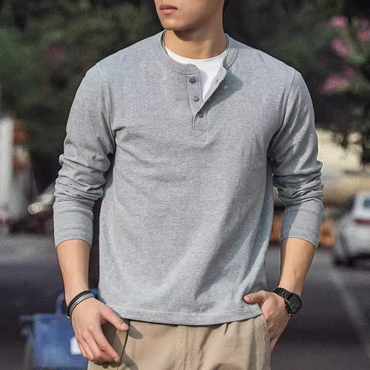 Kuraishi Kazuki American Retro Henley Collar Long Sleeve T-Shirt Men's 2025 Autumn Pure Cotton 250g Heavyweight Bottoming Shirt Casual Top Black M Reference 125-140Jin Jin is equal to 0.5 kg
