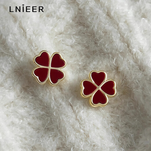 Lnieer red four-leaf clover earrings for women S925 silver needle 2025 new popular earrings niche design high-end earrings four-leaf clover earrings 925 silver needle