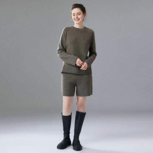 Mushi Cashmere Suit Women's Cashmere Sweater and Cashmere Shorts Women's Autumn and Winter New Knitted Suit Cashmere Sweater Thick AS551 Gray Green M