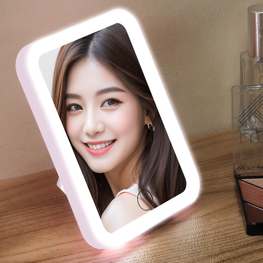 LED makeup mirror with light fill-in female folding Internet celebrity student ins style small mirror dormitory desktop portable makeup mirror square 8-inch beauty mirror white + smart touch + three-tone lighting