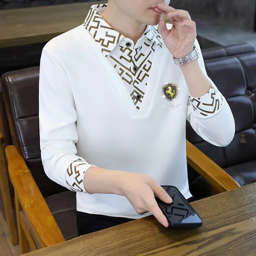 FZAF Light Luxury Men's Paul POLO Shirt Men's Long Sleeve 2025 Spring and Autumn New High-end Fashion Brand Fashion Casual Velvet T-shirt Black Bee Regular XL (Recommended 135-150 Jin Jin equals 0.5 kg)