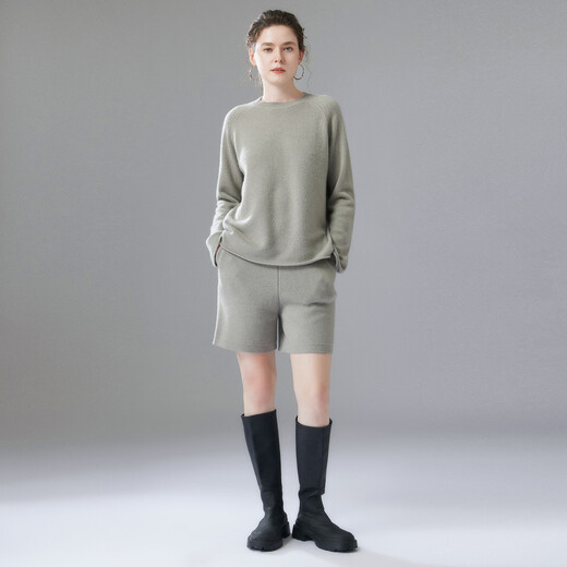 Mushi Cashmere Suit Women's Cashmere Sweater and Cashmere Shorts Women's Autumn and Winter New Knitted Suit Cashmere Sweater Thick AS551 Gray Green M