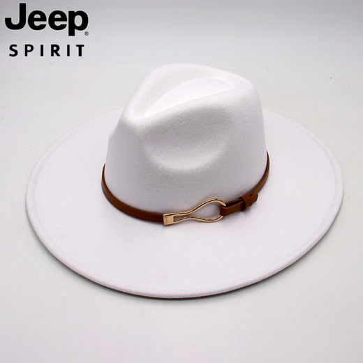 JEEP SPIRIT9.5cm big brim British style hat wide brim European and American jazz hat simple felt hat classic retro woolen hat for men and women white (buckle belt) one size fits all (56-60cm) brim width 9.5cm