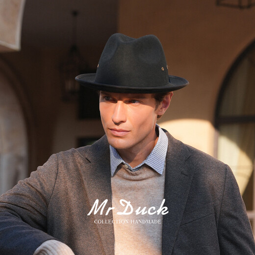 Mr DUCK Australian pure wool handmade top hat rolled edge foldable casual high-end jazz hat for men, warm and breathable in autumn and winter, royal black (top hat) S (suitable for 52-55cm head circumference, small head circumference)