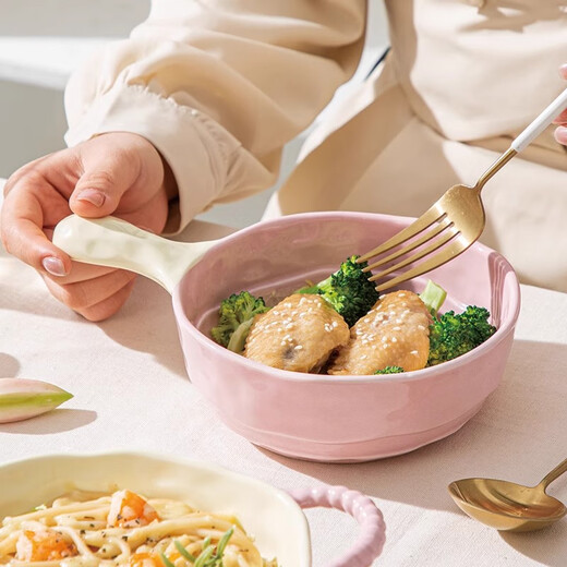 Persson Double-Eared Soup Bowl Home 2025 New Instant Noodle Bowl High-Looking Large Bowl Creamy Noodle Soup Bowl Ceramic Snail Noodle Bowl 9.5-inch Double-Eared Bowl Pink + Milk Yellow