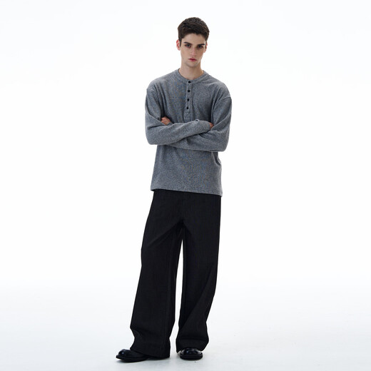 Weilang's shop Autumn American retro pit Henry collar long-sleeved sweater men's high-end bottoming shirt T-shirt trendy gray L