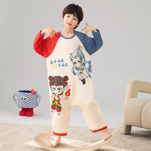 Ao Bing children's one-piece pajamas for boys spring and autumn long-sleeved pure cotton youth anti-kick sleeping bag air-conditioned outer wear home clothes M201 Nezha Ao Bing 100% cotton one size fits all size 8 recommended height 95-105CM