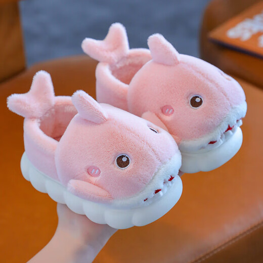New Autumn and Winter Children's Cotton Slippers for Boys and Girls Indoor Cartoon Shark Slippers for Girls Baby Bag Heels Cotton Shoes Upgraded Version - Pink - Cotton 12 26/27 Size Inner Length 16CM