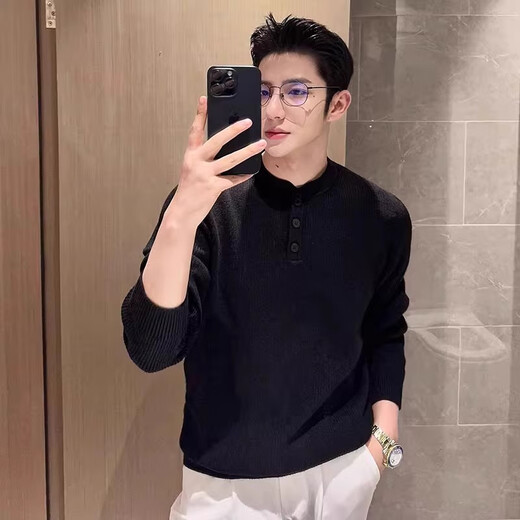 Kuraishi Kazuki's high-end Henry collar sweater men's autumn and winter new style casual solid color bottoming sweater gray M