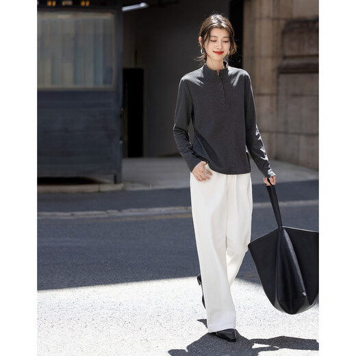 Demana 220G liter warm ginger velvet winter warm round neck button half placket solid color splicing women's T-shirt