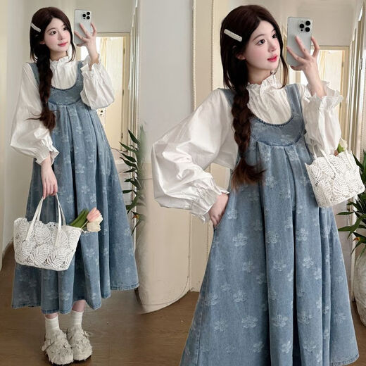 Dangtong Maternity Suit Autumn Fashion Suit Loose Mid-Length Trendy Mom Denim Maternity Suspender Skirt Outer Shirt Suit Flower Suspender Skirt + White Shirt XXL140-170