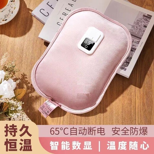 AUX electric hot water bottle, plush hand warmer, rechargeable, explosion-proof belly compress, extra large model - rouge powder, thickened rabbit velvet - locks in temperature for longer, double hands