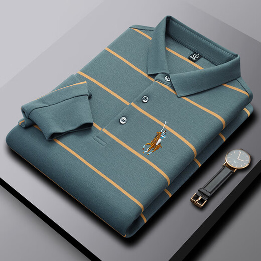 Orest Paul official striped spring and autumn long-sleeved T-shirt men's cotton polo shirt 2025 new high-end men's middle-aged embroidery 8275 Peacock Blue 2XL