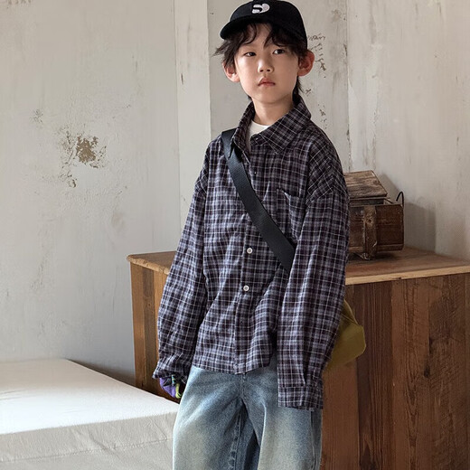 Children's plaid long-sleeved shirt boys' casual shirt lazy style draped spring and autumn Korean style girls' tops and jackets black and white plaid 140