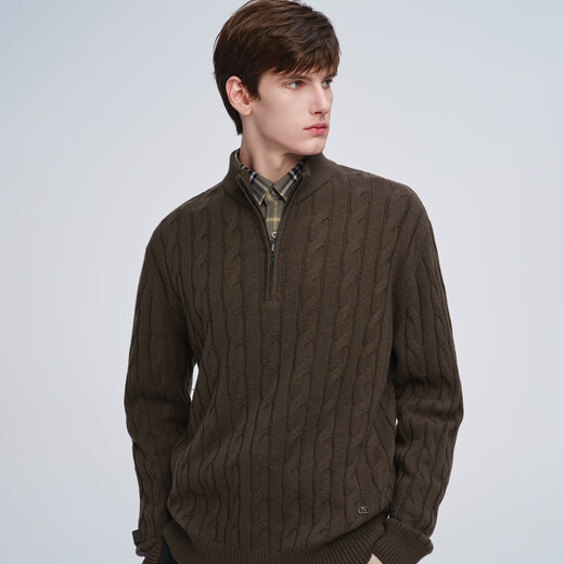 GIOVANNI VALENTINO Autumn and Winter Half Turtle Collar Zipper Style Full Wool Twist Sweater Men's Casual Loose Sweater Brown S
