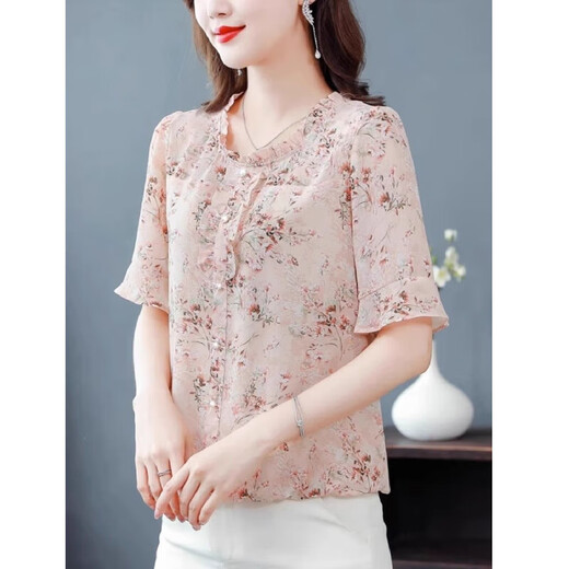 New summer short-sleeved floral chiffon shirt for women, loose belly-covering top, fashionable mother's age-reducing shirt, pink 3XL, recommended 135-145 Jin Jin equals 0.5 kg