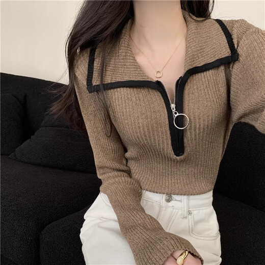 Oubaixi sweater for women spring and autumn long-sleeved right shoulder polo collar 2025 sweater with temperament and light top, apricot color, one size fits all, recommended 80-120 Jin Jin equals 0.5 kg