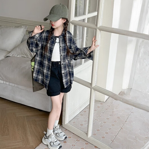 Girls' plaid shirt, spring and autumn, Korean style lazy style long-sleeved coat for older children, autumn children's fashionable shirt, autumn wear, navy 150